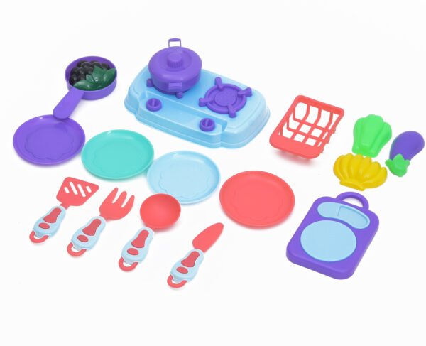 TOODLES Kids Play Kitchen Set -16-Piece Colourful Plastic Utensils and Cookware, Pretend Play Cooking Toy Set for Children, Safe and Durable Kitchen Accessories